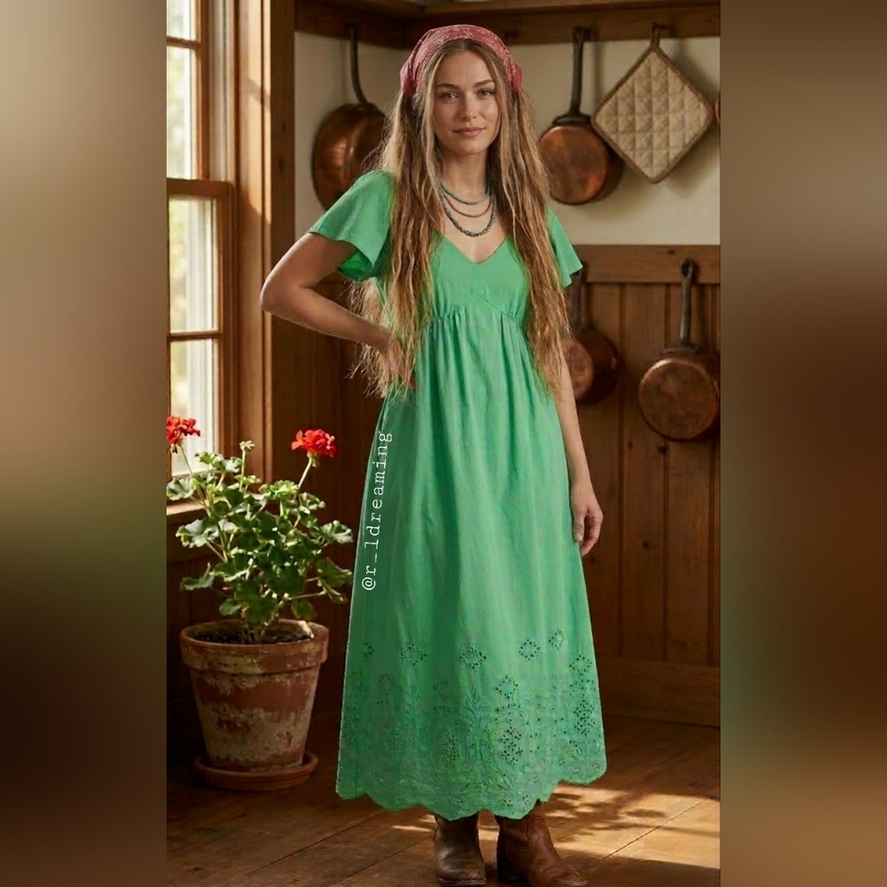 NWT Loft Green Eyelet Midi Dress with Smocked Bodice Size Medium - Picture 7 of 8